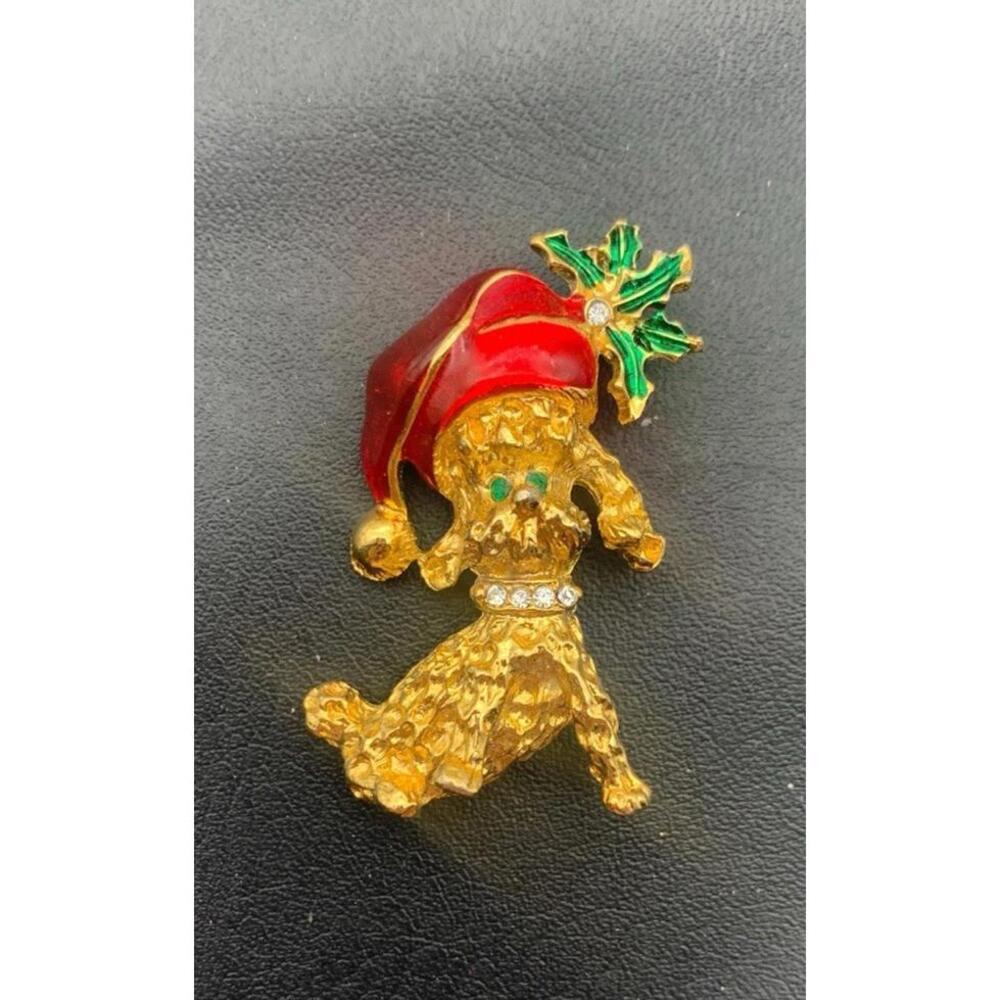 Vintage Avante Christmas‎ Gold Tone Red Enamel Rhinestone Dog Holiday Brooch